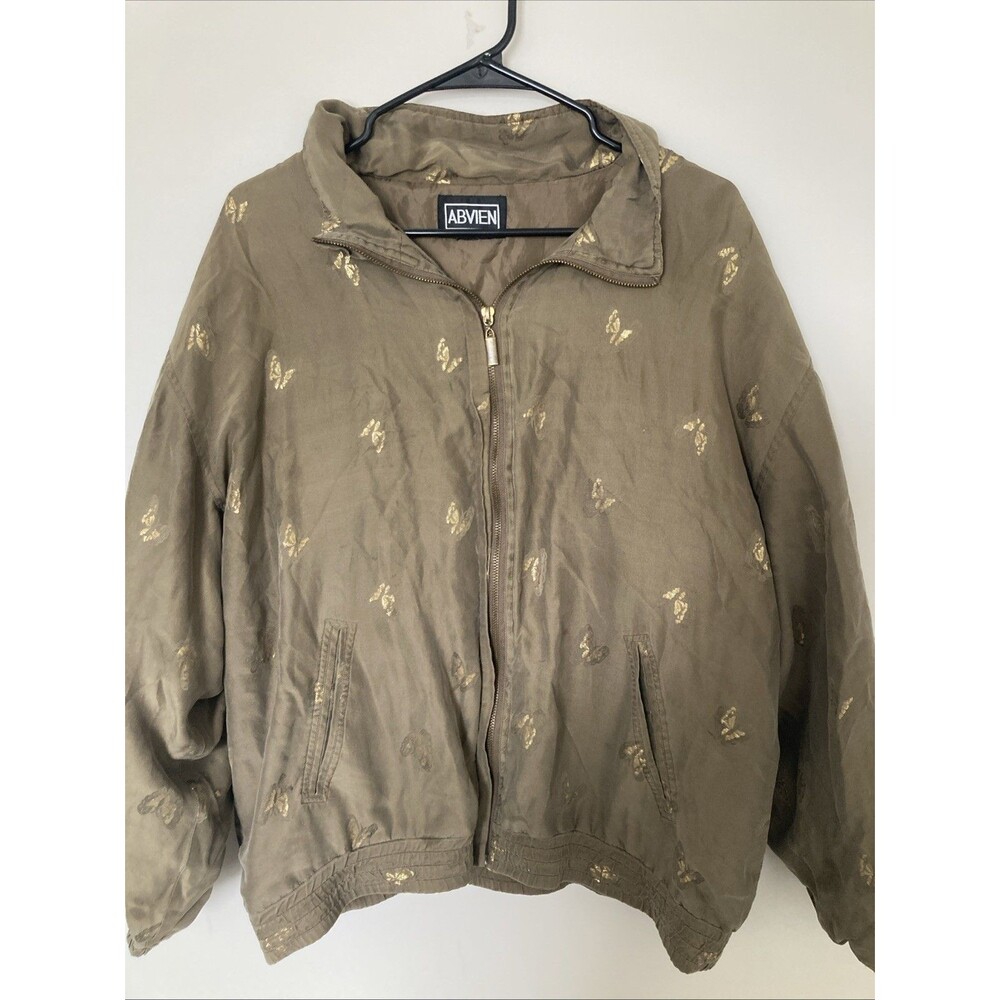 Abvien Vintage 100% Silk Khaki Butterfly Lightweight Bomber Jacket No Size Tag